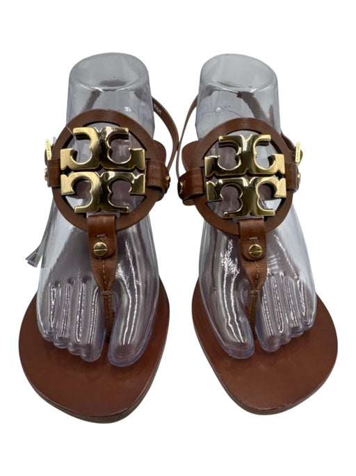 Tory Burch Shoe Size 9.5 Brown Leather Stacked Heel Logo Thong Strap Sandals Brown / 9.5