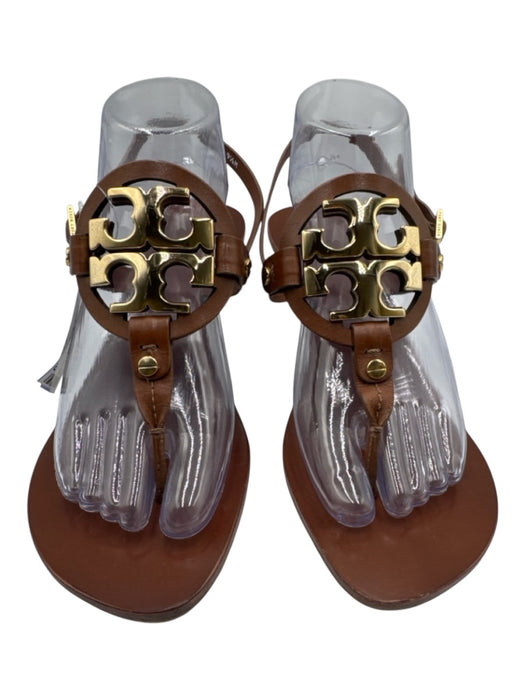 Tory Burch Shoe Size 9.5 Brown Leather Stacked Heel Logo Thong Strap Sandals Brown / 9.5