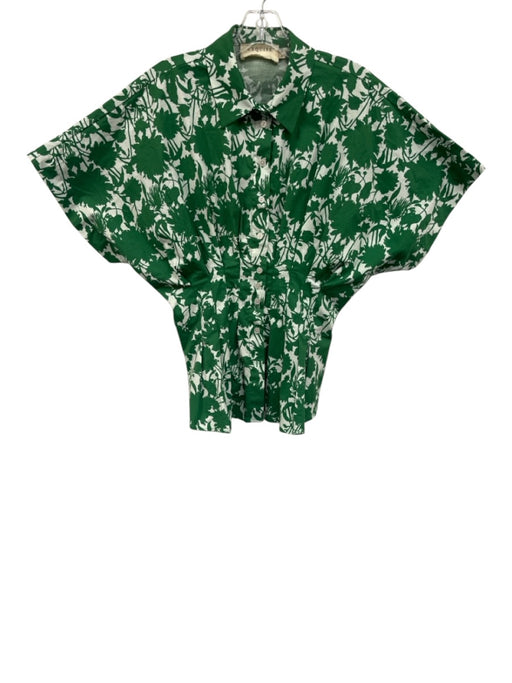 Exquise Size S Green & White Cotton Short Sleeve Leaf Print Button Up Collar Top Green & White / S
