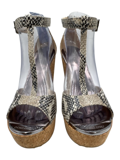 Jimmy Choo Shoe Size 40 Silver, White, Black Leather & Cork Ankle Strap Sandals Silver, White, Black / 40