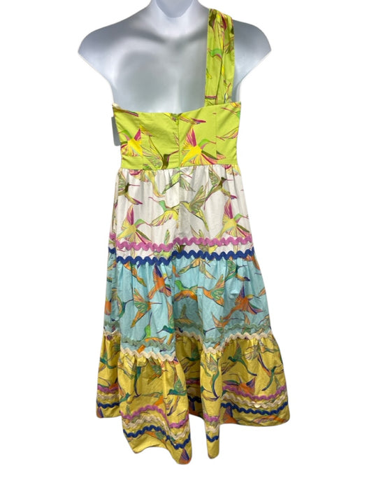 Farm Rio Size M Green, Yellow, Multi Cotton One Shoulder Birds Color Block Dress Green, Yellow, Multi / M