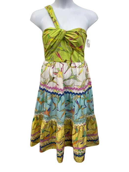 Farm Rio Size M Green, Yellow, Multi Cotton One Shoulder Birds Color Block Dress Green, Yellow, Multi / M