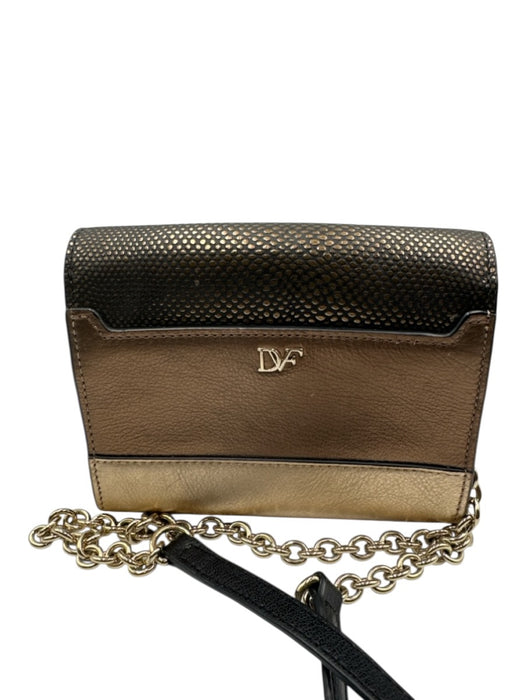 Diane Von Furstenberg Black & Gold Tone Leather Upper Flap Top Side Pocket Bag Black & Gold Tone / Mini