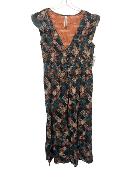 By Anthropologie Size L Green, Orange, Multi Cotton Ruffle Cap Sleeve Maxi Dress Green, Orange, Multi / L