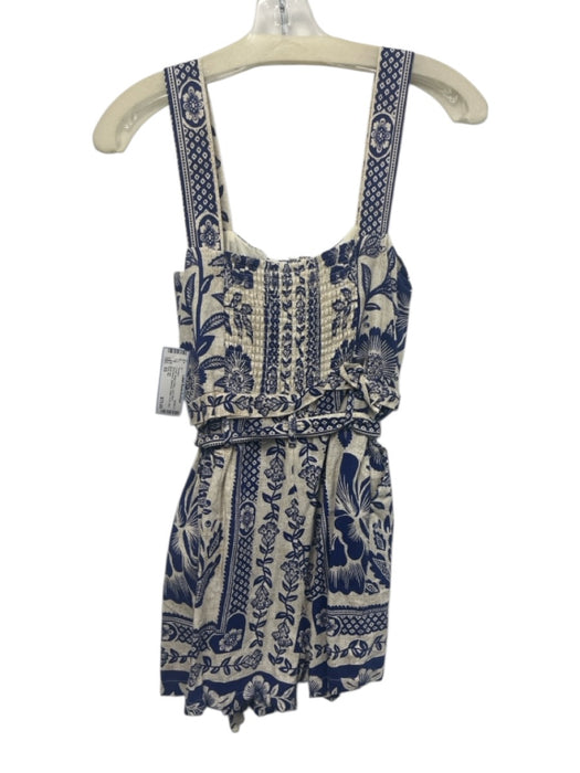 Farm Rio Size XS Cream Beige & Blue Linen Blend Sleeveless Botanical Mini Romper Cream Beige & Blue / XS