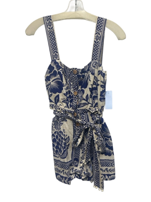 Farm Rio Size XS Cream Beige & Blue Linen Blend Sleeveless Botanical Mini Romper Cream Beige & Blue / XS