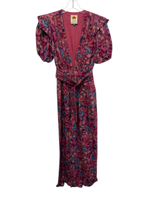Farm Rio Size XXS Pink, Purple, Blue Lyocell blend Button V Neck Belted Jumpsuit Pink, Purple, Blue / XXS