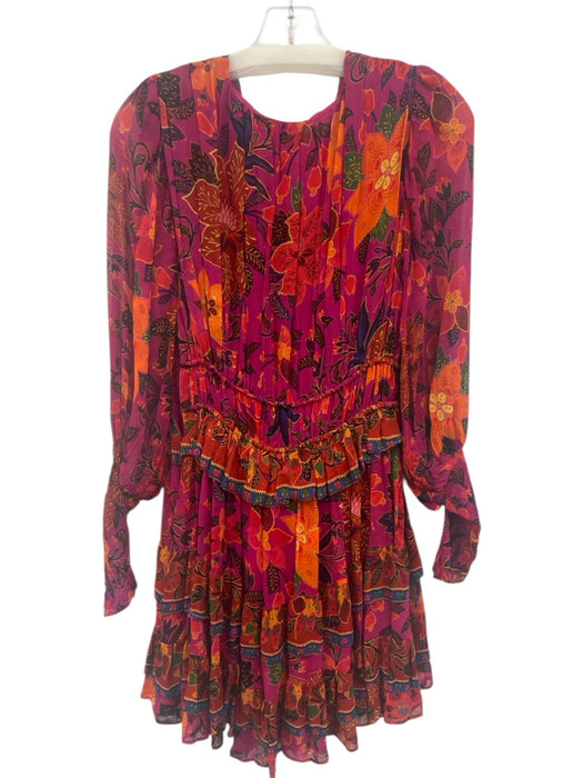 Farm Rio Size XXS Purple & Multi Viscose Floral Long Balloon Sleeve V Neck Dress Purple & Multi / XXS