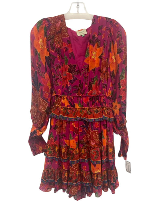 Farm Rio Size XXS Purple & Multi Viscose Floral Long Balloon Sleeve V Neck Dress Purple & Multi / XXS