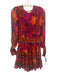 Farm Rio Size XXS Purple & Multi Viscose Floral Long Balloon Sleeve V Neck Dress Purple & Multi / XXS