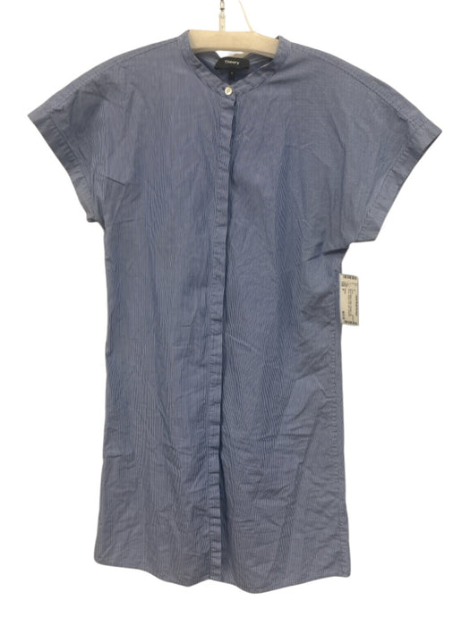 Theory Size P Blue & White Cotton Pinstripe Cap Sleeve Button Front Mini Dress Blue & White / P