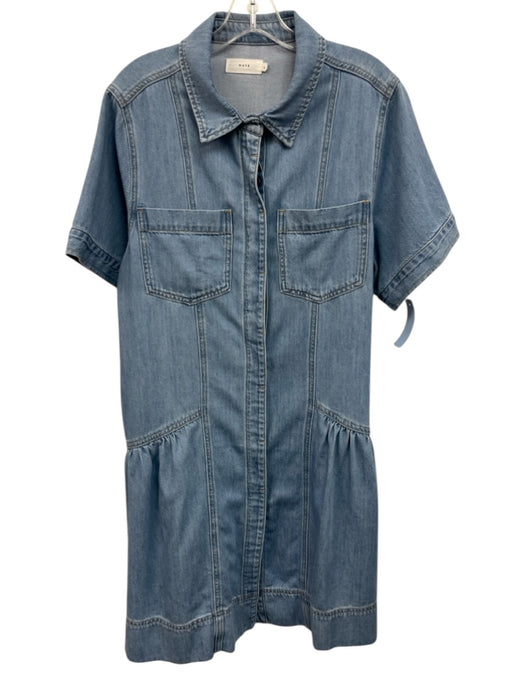 Maye Size L Blue Cotton Button Front Patch Pocket Short Sleeve Knee length Dress Blue / L
