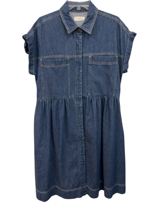 Maye Size L Blue Cotton Button Front Patch Pocket Sleeveless Collared Dress Blue / L