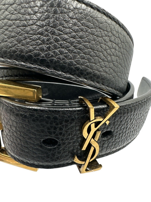 Saint Laurent Black Leather Gold Tone Hardware Logo Rectangle Buckle Belts Black / 34