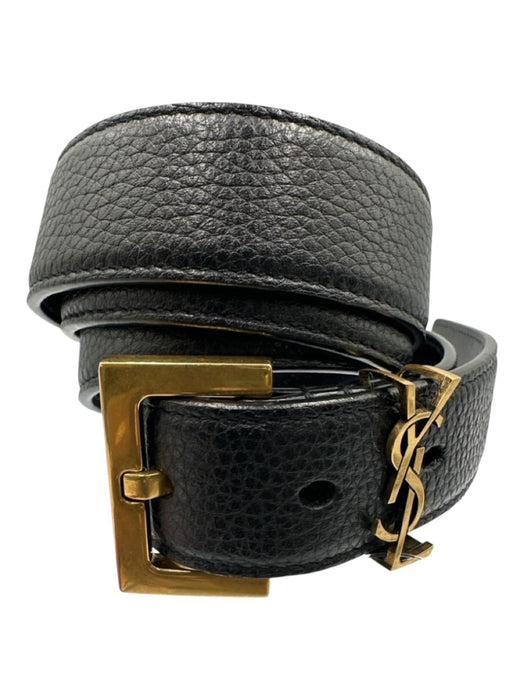 Saint Laurent Black Leather Gold Tone Hardware Logo Rectangle Buckle Belts Black / 34