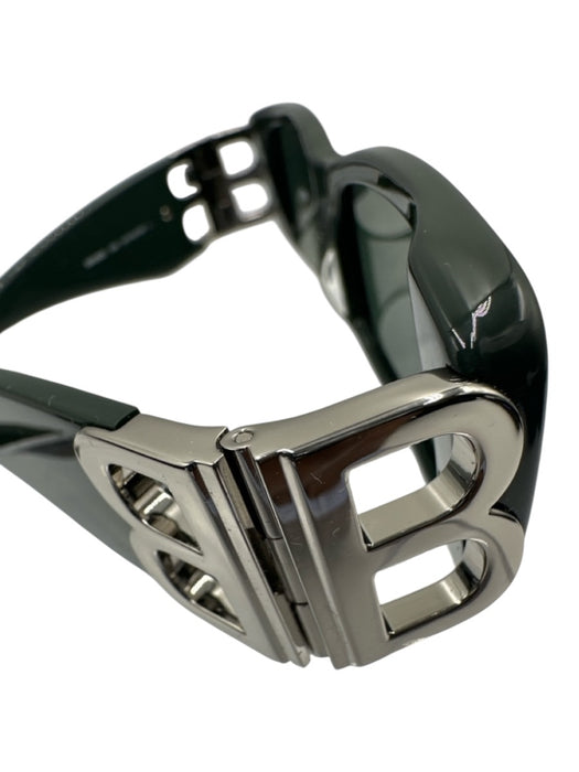Balenciaga Dark Green & Silver Acetate Logo Rectangle Sunglasses Dark Green & Silver