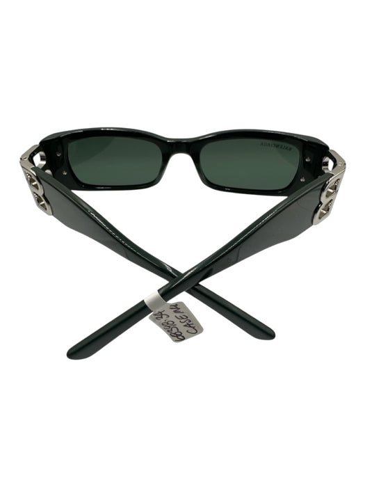 Balenciaga Dark Green & Silver Acetate Logo Rectangle Sunglasses Dark Green & Silver