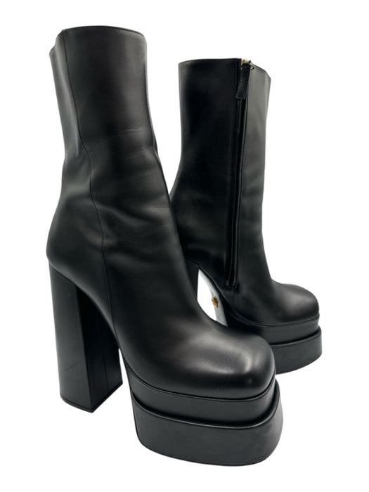 Versace Shoe Size 39.5 Black Leather Mid Calf Side Zip Platform Boots Black / 39.5