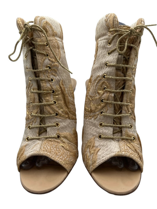 Chanel Shoe Size 39 Cream & Gold textile upper Brocade Lace Up Peep Toe Booties Cream & Gold / 39