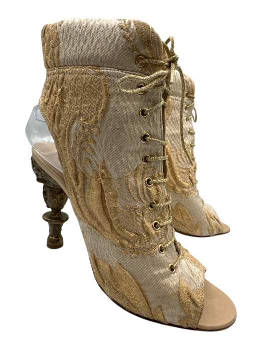 Chanel Shoe Size 39 Cream & Gold textile upper Brocade Lace Up Peep Toe Booties Cream & Gold / 39