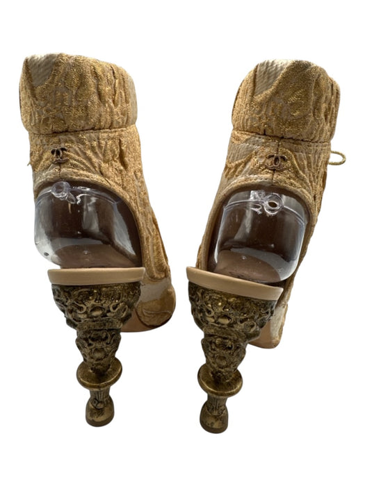 Chanel Shoe Size 39 Cream & Gold textile upper Brocade Lace Up Peep Toe Booties Cream & Gold / 39