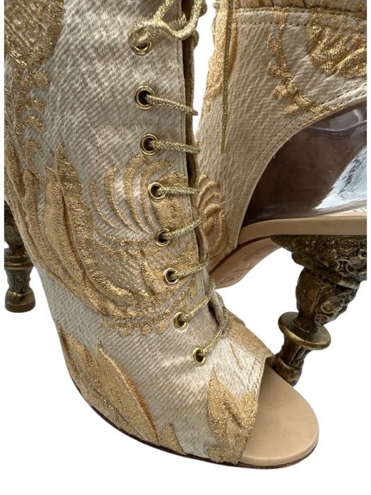 Chanel Shoe Size 39 Cream & Gold textile upper Brocade Lace Up Peep Toe Booties Cream & Gold / 39