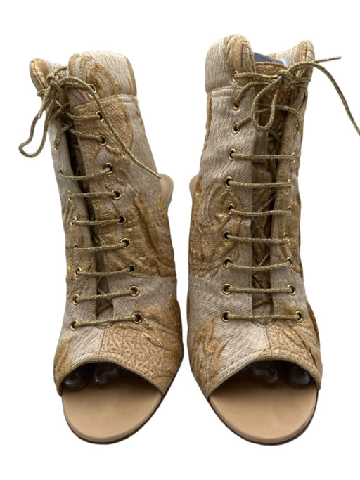 Chanel Shoe Size 39 Cream & Gold textile upper Brocade Lace Up Peep Toe Booties Cream & Gold / 39