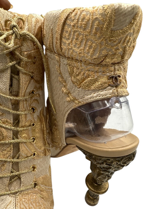 Chanel Shoe Size 39 Cream & Gold textile upper Brocade Lace Up Peep Toe Booties Cream & Gold / 39
