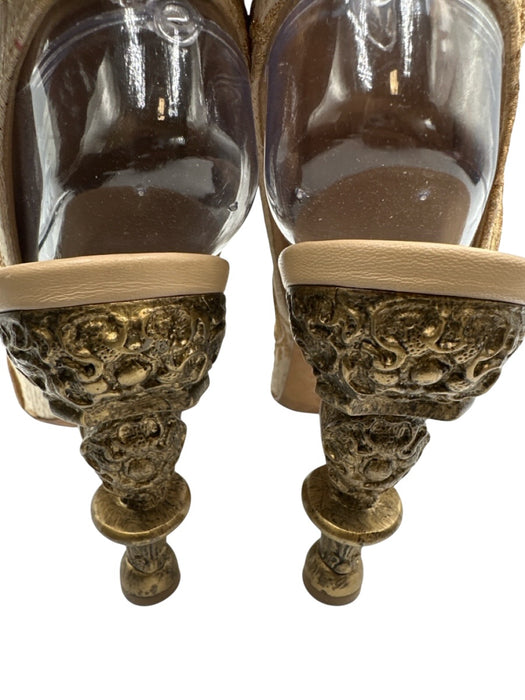 Chanel Shoe Size 39 Cream & Gold textile upper Brocade Lace Up Peep Toe Booties Cream & Gold / 39
