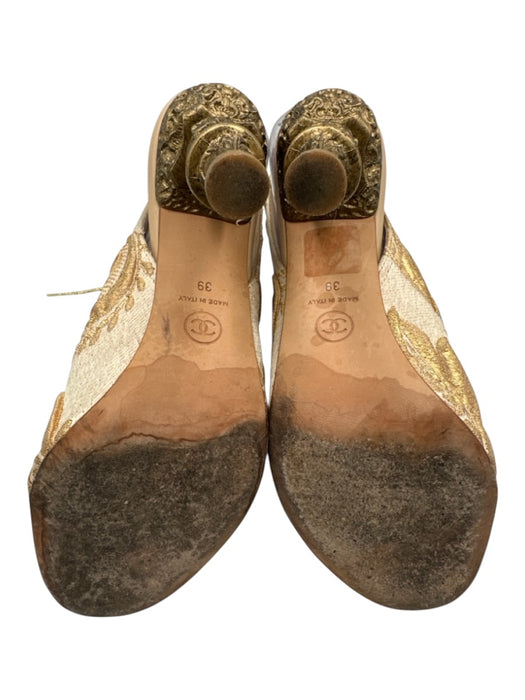 Chanel Shoe Size 39 Cream & Gold textile upper Brocade Lace Up Peep Toe Booties Cream & Gold / 39