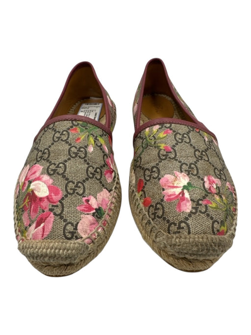 Gucci Shoe Size 38 Pink, Green, Brown Coated Canvas Leather trim Floral Flats Pink, Green, Brown / 38