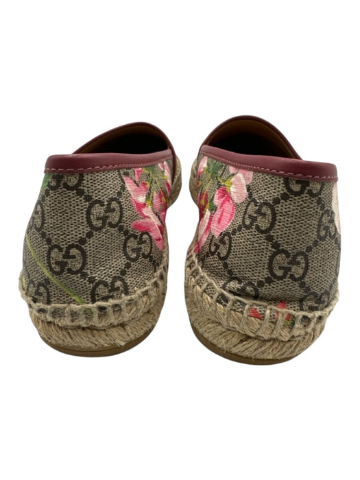 Gucci Shoe Size 38 Pink, Green, Brown Coated Canvas Leather trim Floral Flats Pink, Green, Brown / 38