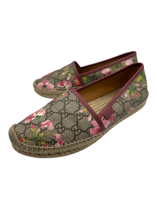 Gucci Shoe Size 38 Pink, Green, Brown Coated Canvas Leather trim Floral Flats Pink, Green, Brown / 38