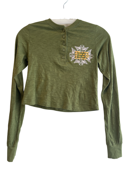 Boys Lie Size M Green Cotton Long Sleeve Print on Back 3/4 Button Cropped Top Green / M