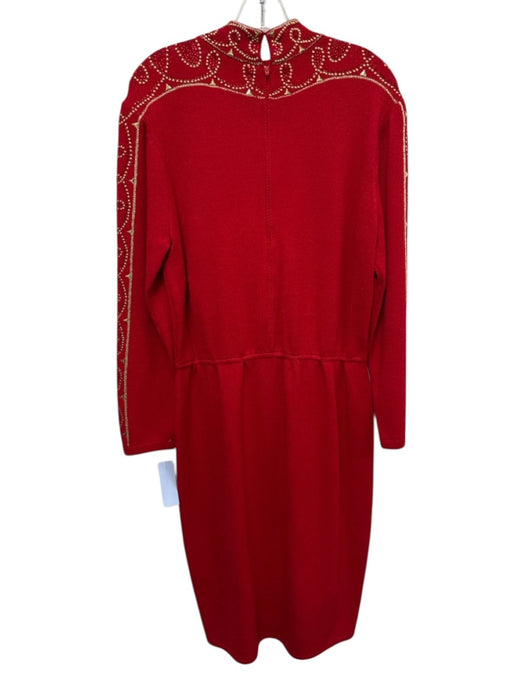 St John Size 12 Red & Gold Wool Blend Rhinestone Embellished Mock Neck Dress Red & Gold / 12