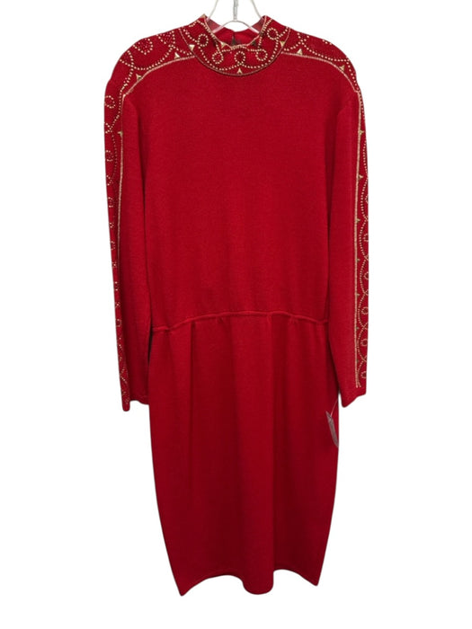 St John Size 12 Red & Gold Wool Blend Rhinestone Embellished Mock Neck Dress Red & Gold / 12