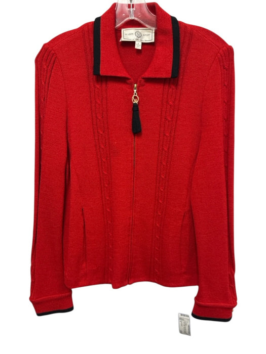 St John Sport Size S Red & Black Wool Blend Cable Knit Detail Collar Cardigan Red & Black / S