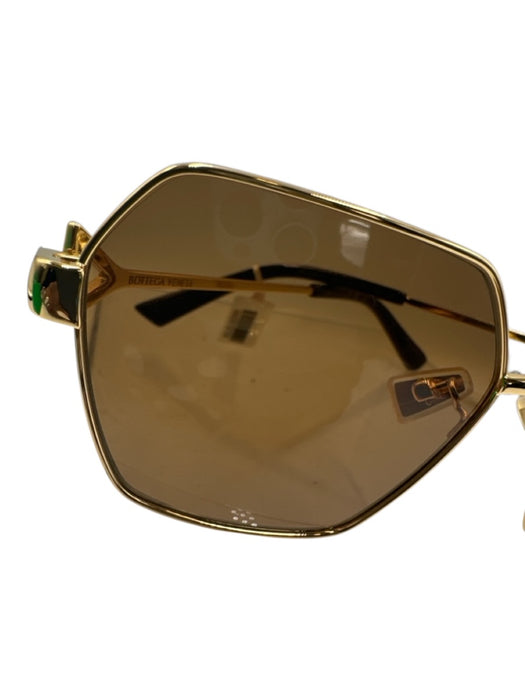 Bottega Veneta Gold Tone & Brown Metal Frame Hexagon Geometric Square Sunglasses Gold Tone & Brown