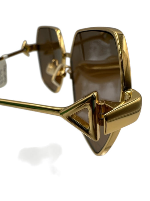 Bottega Veneta Gold Tone & Brown Metal Frame Hexagon Geometric Square Sunglasses Gold Tone & Brown