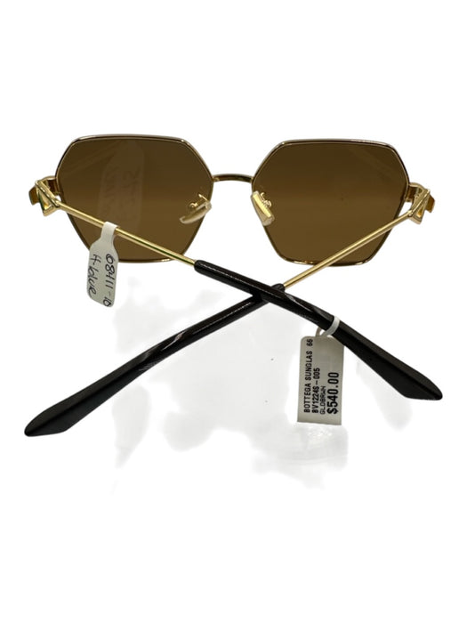 Bottega Veneta Gold Tone & Brown Metal Frame Hexagon Geometric Square Sunglasses Gold Tone & Brown