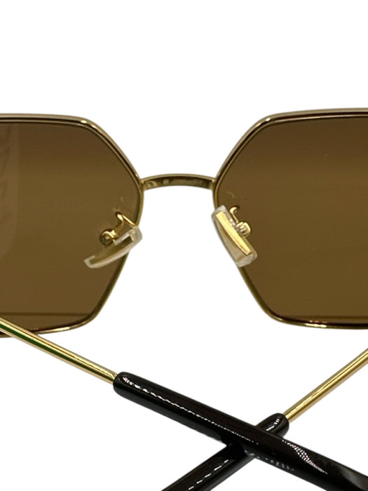 Bottega Veneta Gold Tone & Brown Metal Frame Hexagon Geometric Square Sunglasses Gold Tone & Brown