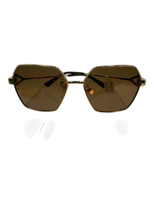 Bottega Veneta Gold Tone & Brown Metal Frame Hexagon Geometric Square Sunglasses Gold Tone & Brown