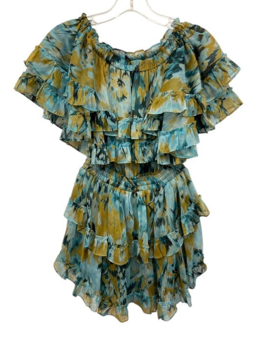 Misa Size XS Teal Blue & Yellow Polyester Off Shoulder Abstract Print Dress Teal Blue & Yellow / XS