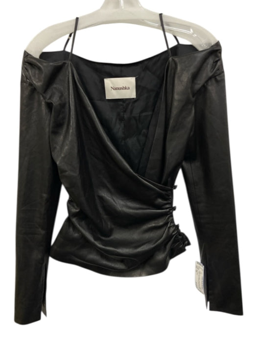 Nanushka Size XS Black PU Leather Long Sleeve Wrap Button Front Top Black / XS