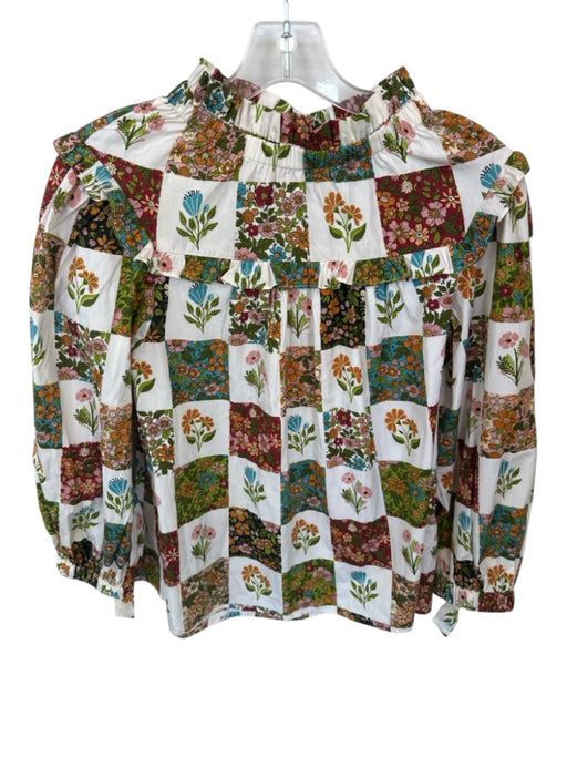 Size Est S Green & Red Cotton Ruffle Neck Flowers Long Sleeve Top Green & Red / Est S