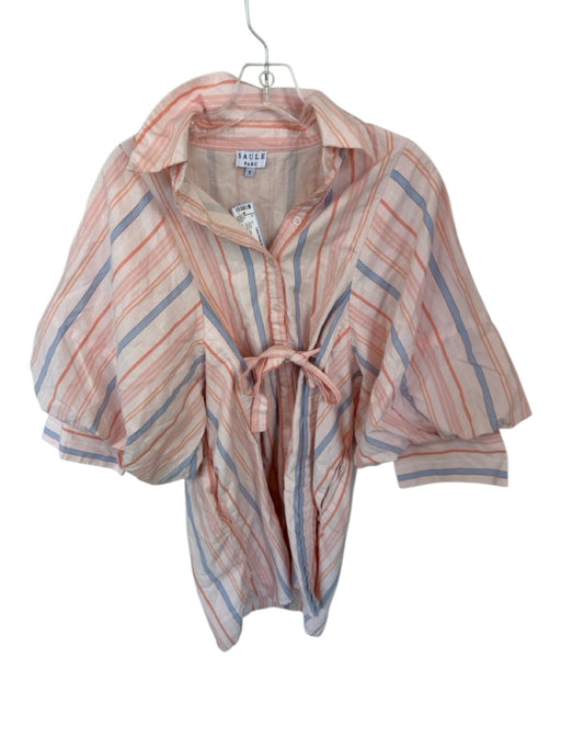 Saule Parc Size S Peach & Blue Cotton Long Balloon Sleeve Striped Dress Peach & Blue / S