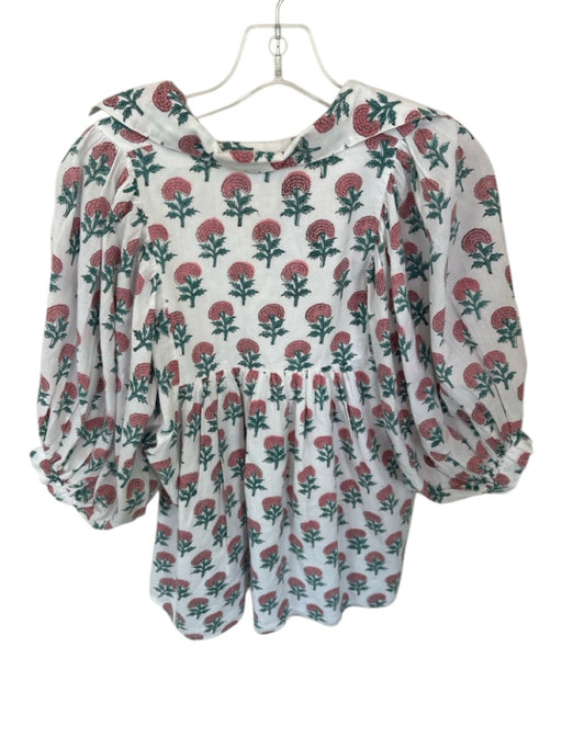 Saule Parc Size XS Teal & Pink Cotton 3/4 Balloon Sleeve Flowers Collar Top Teal & Pink / XS