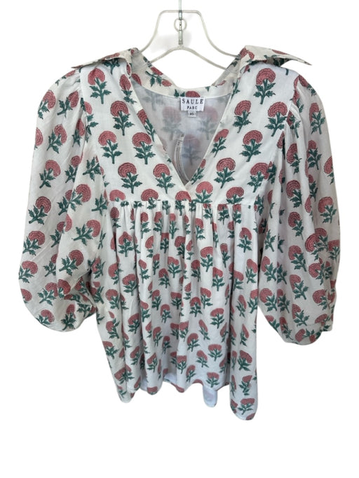 Saule Parc Size XS Teal & Pink Cotton 3/4 Balloon Sleeve Flowers Collar Top Teal & Pink / XS