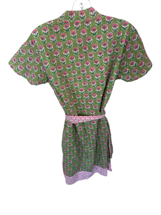 Uncle Frank Size S Green & Pink Cotton Short Sleeve Flowers Belted Dress Green & Pink / S
