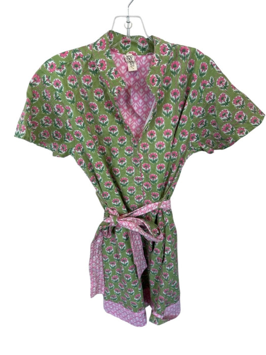 Uncle Frank Size S Green & Pink Cotton Short Sleeve Flowers Belted Dress Green & Pink / S